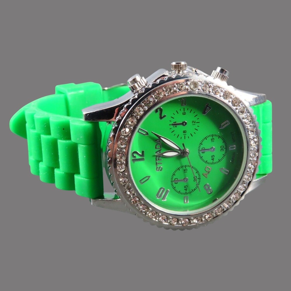 STRADA WRIST WATCH Green Silicone Sport Band SILVER w/CLEAR CRYSTALS Big Dial